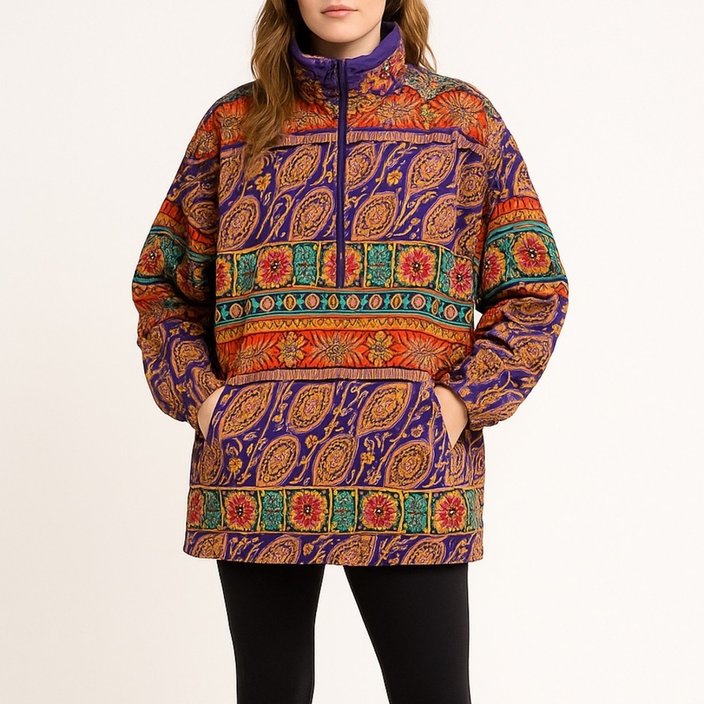 Vntg 80s Fera Skiwear Jacket Purple Boho Print Ski Anorak Women’s 14 (Oversized)